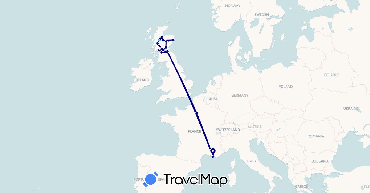 TravelMap itinerary: driving, plane, boat in France, United Kingdom (Europe)